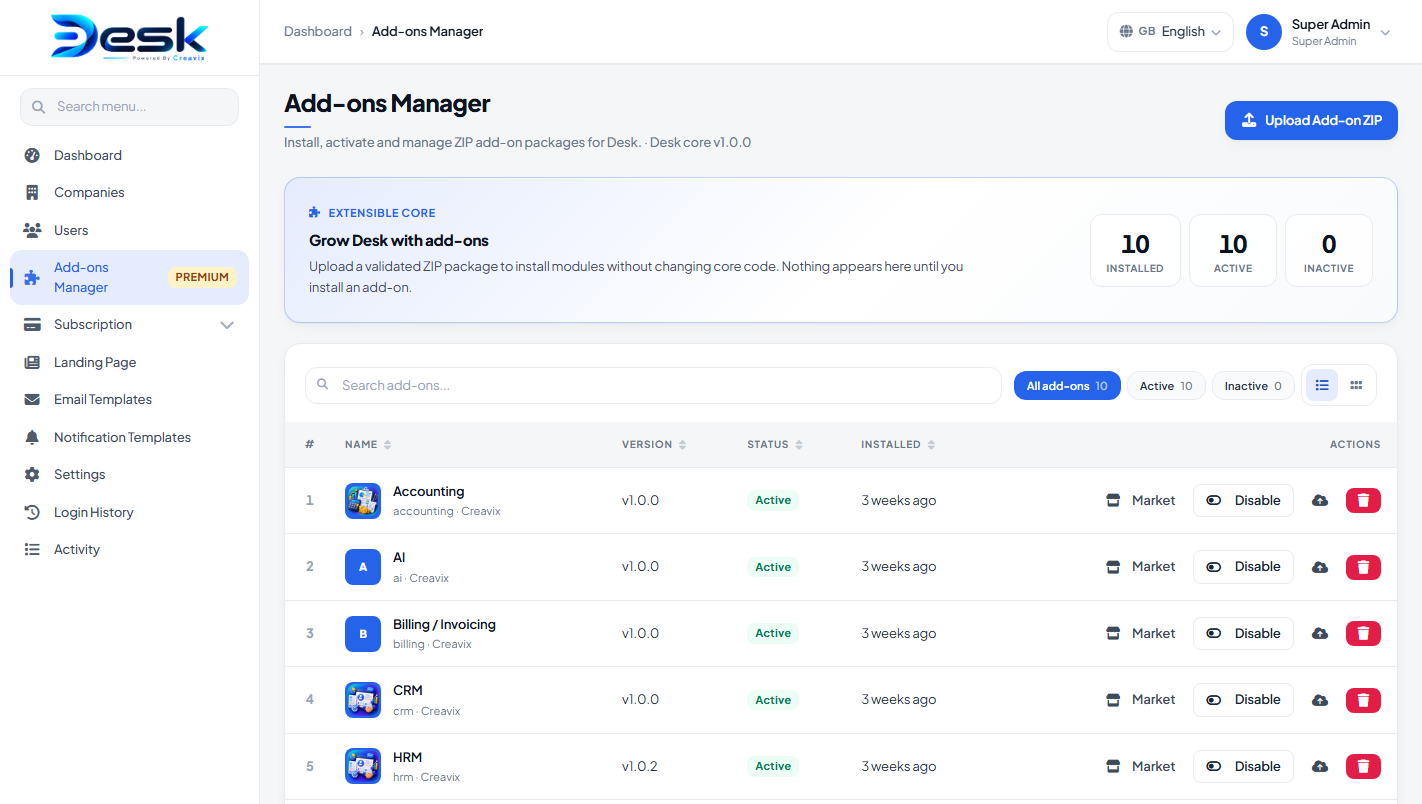 Super Admin Add-ons Manager
