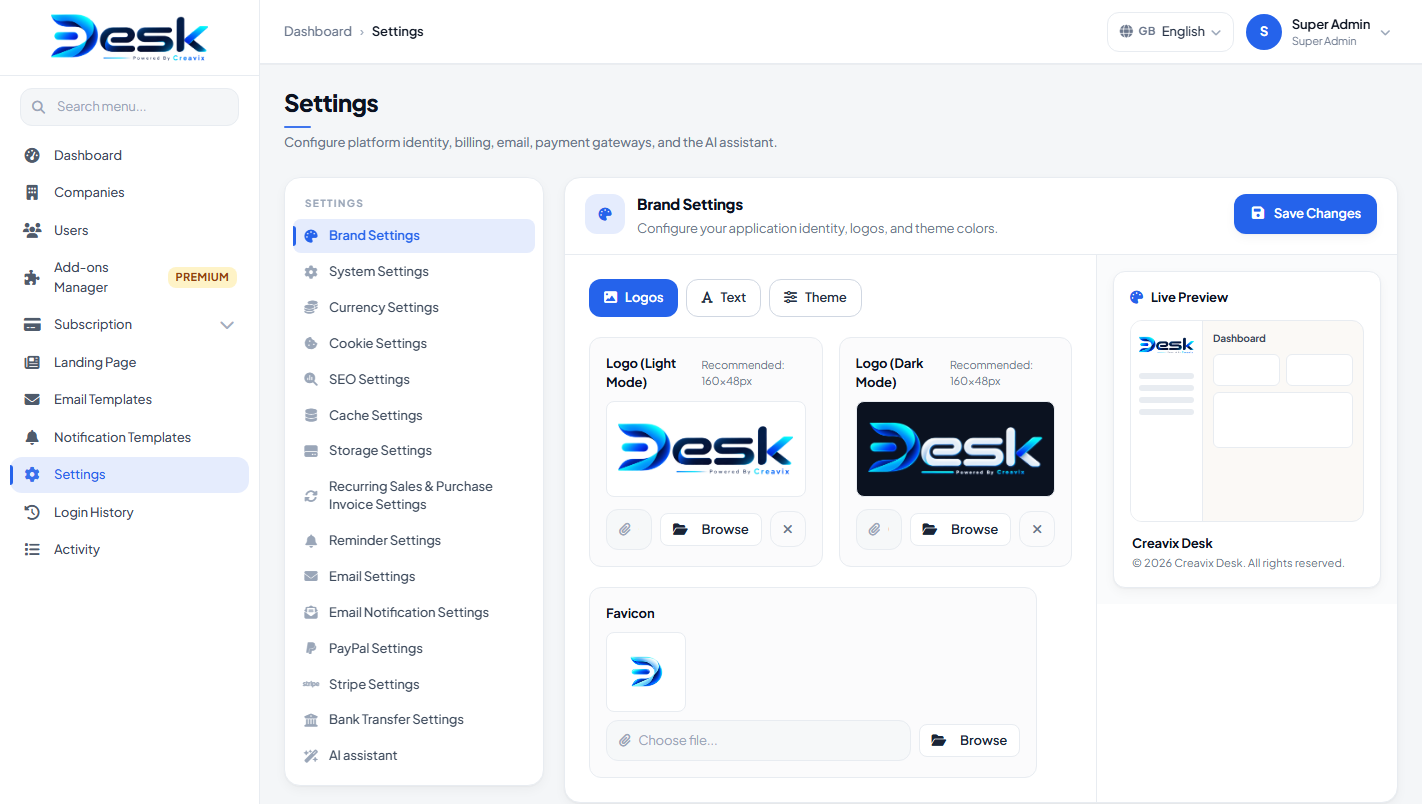 Super Admin Brand Settings